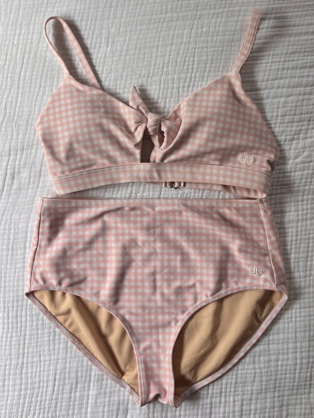 Albion Fit Pink Check Gingham Bikini Set - High Waist Modest - Small